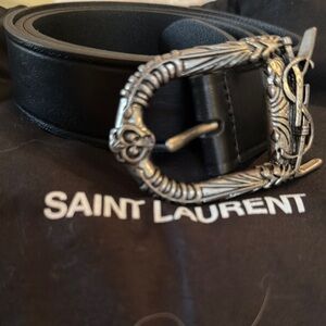 Saint Laurent Black Leather Belt with Silver Buckle